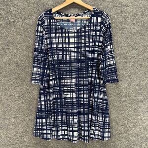 Flirty Pink Dress Women M Medium Blue Plaid Shift Short Long Sleeve Casual